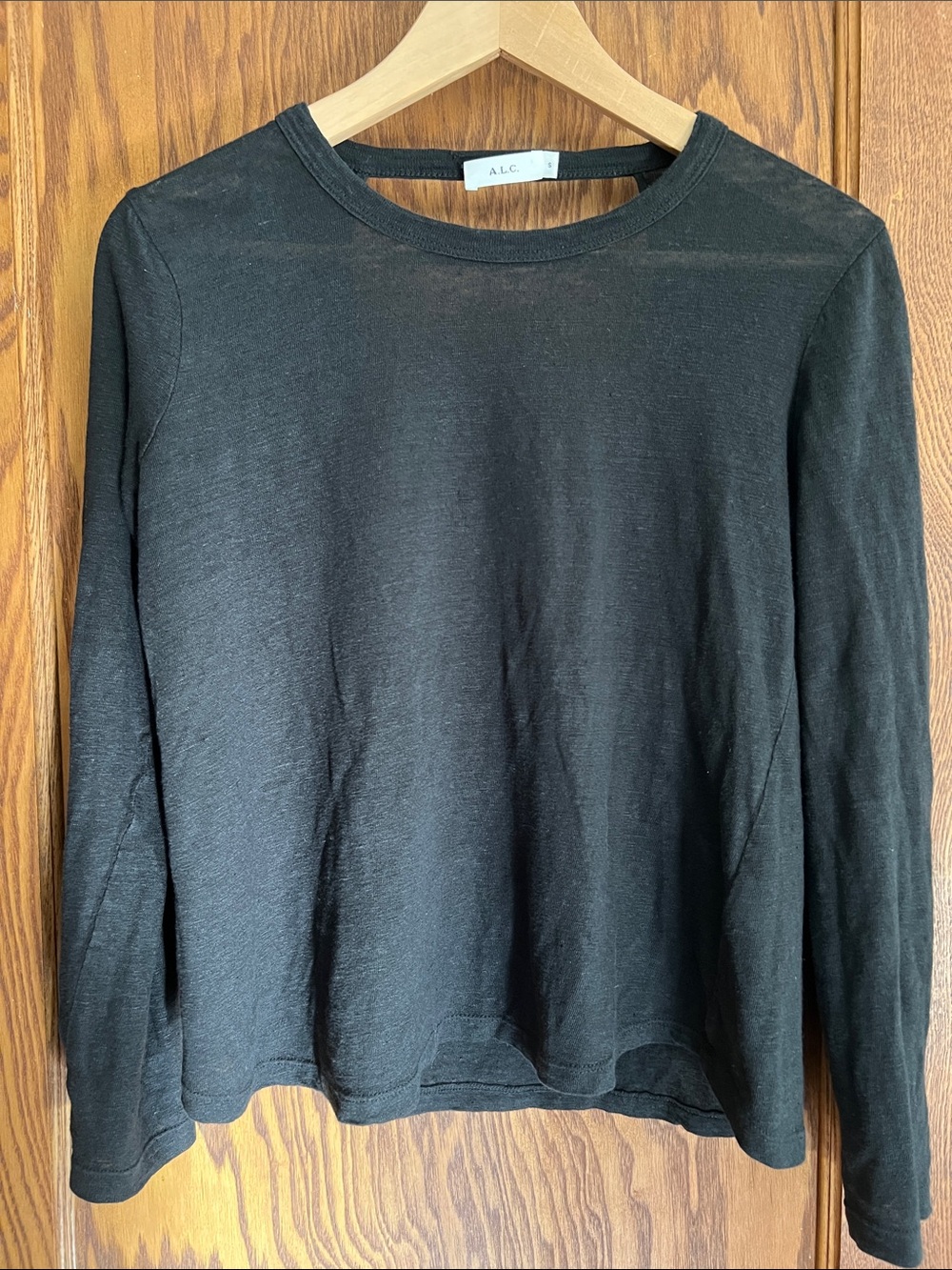 A.L.C. Black Long-Sleeve Lightweight linen Crewneck